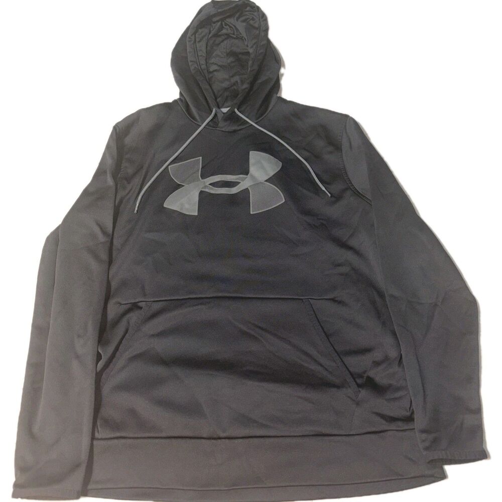 Under Armour ColdGear Hoodie Mens L Black Gray Logo Fleece Pullover Athleisure
